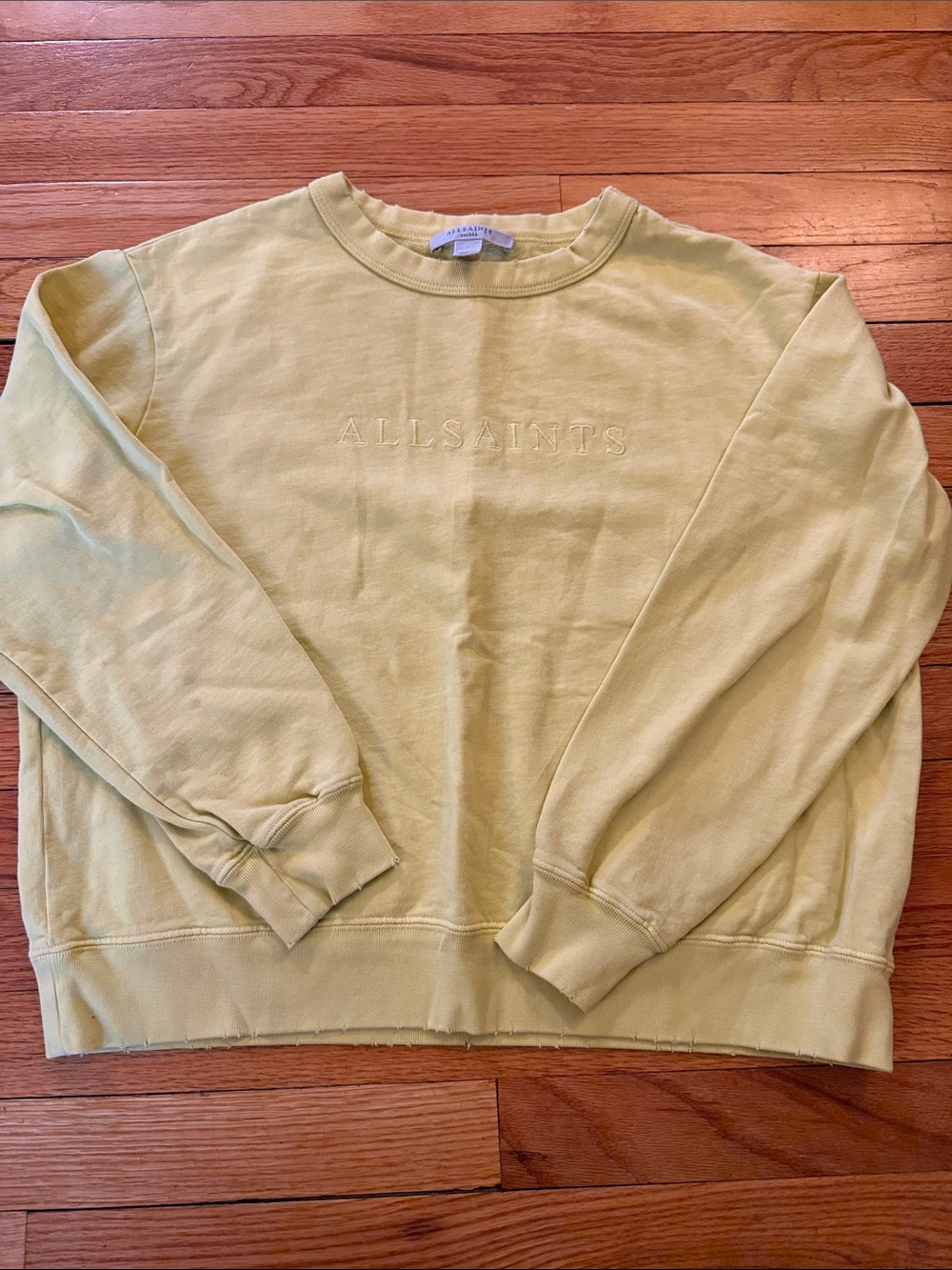 All Saints  Bright Yellow Embroidered Crew Sweatshirt with Distressed Trim